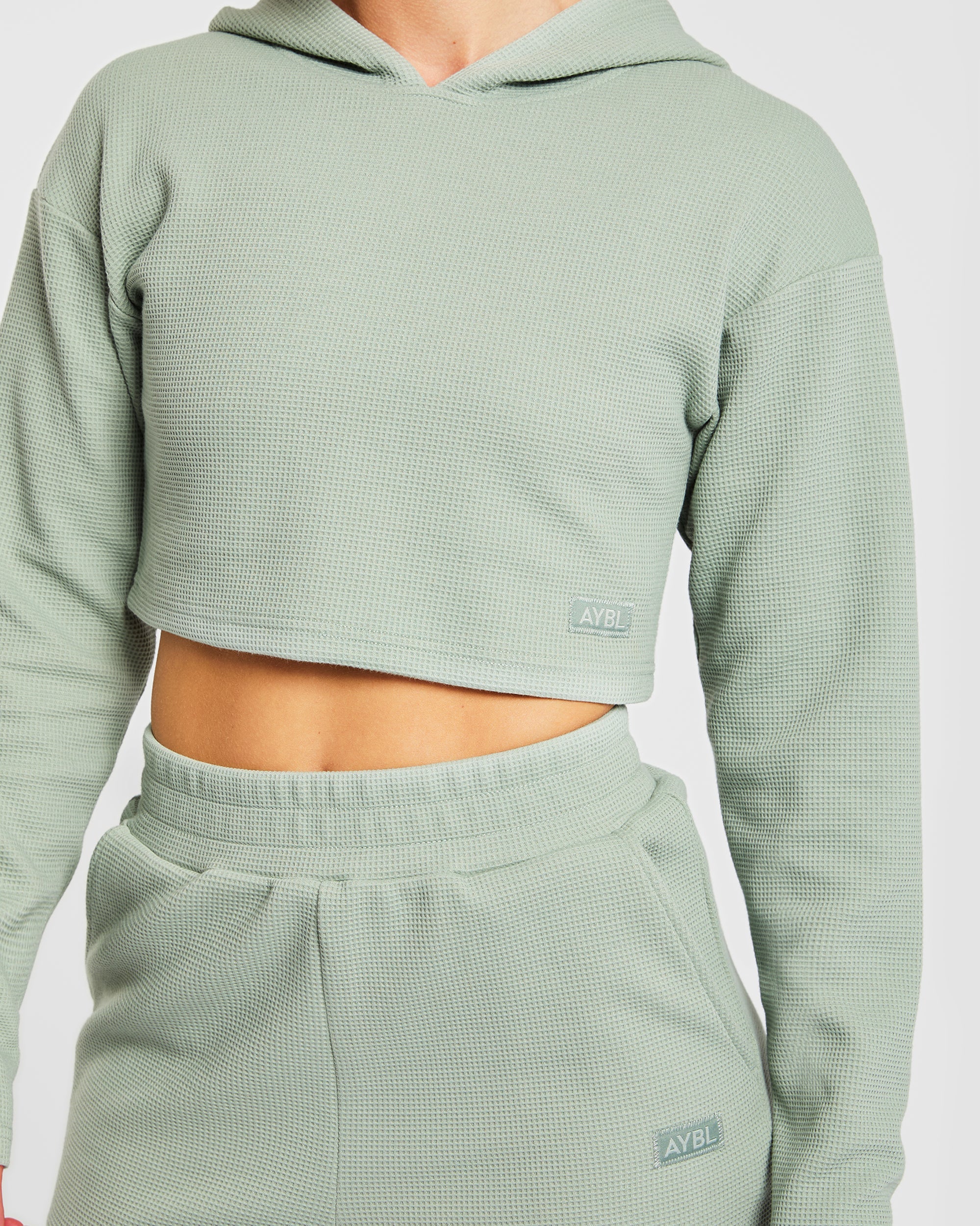 Waffle Crop Hoodie - Sage Vert