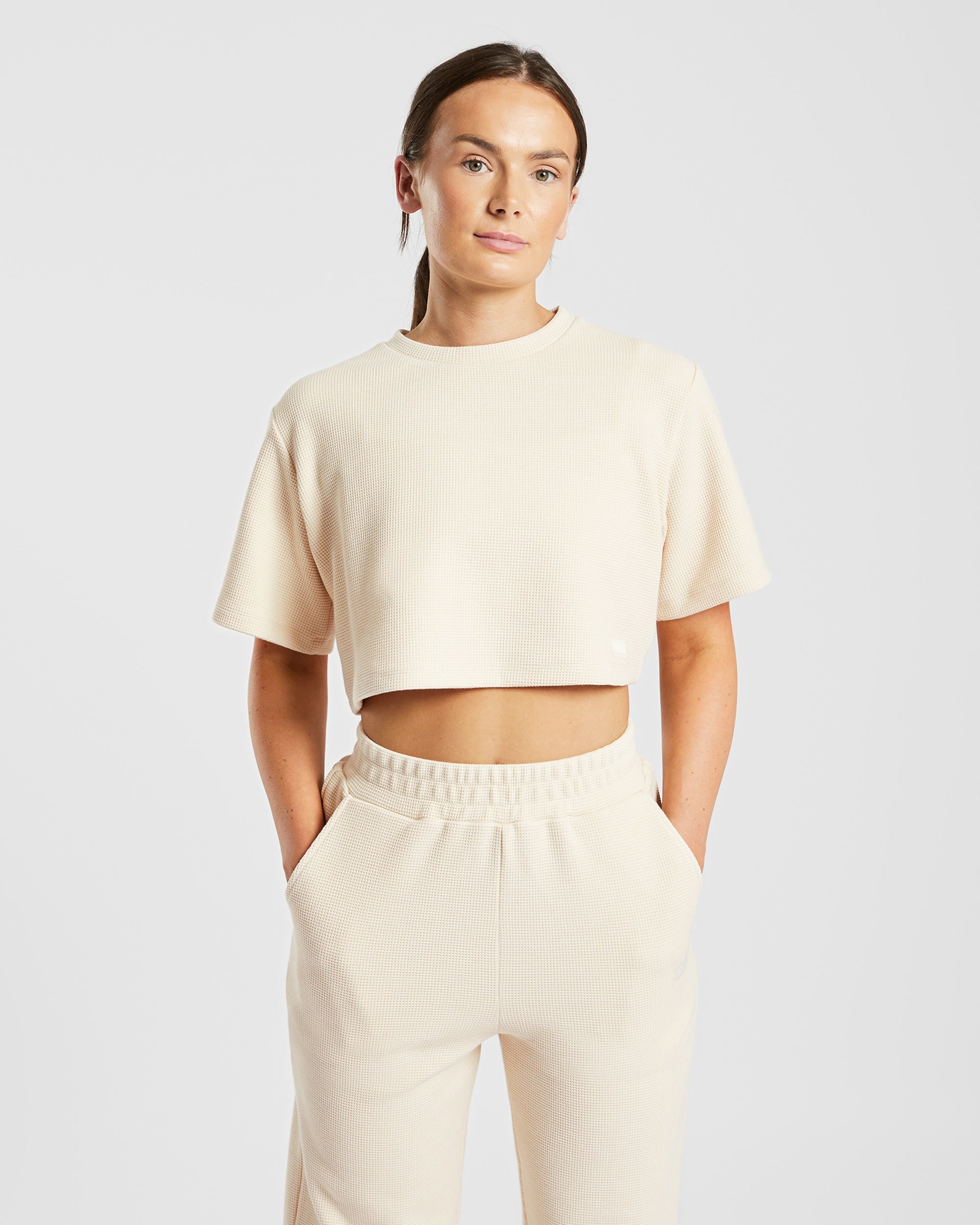 Waffle Boxy Crop Top - Beige