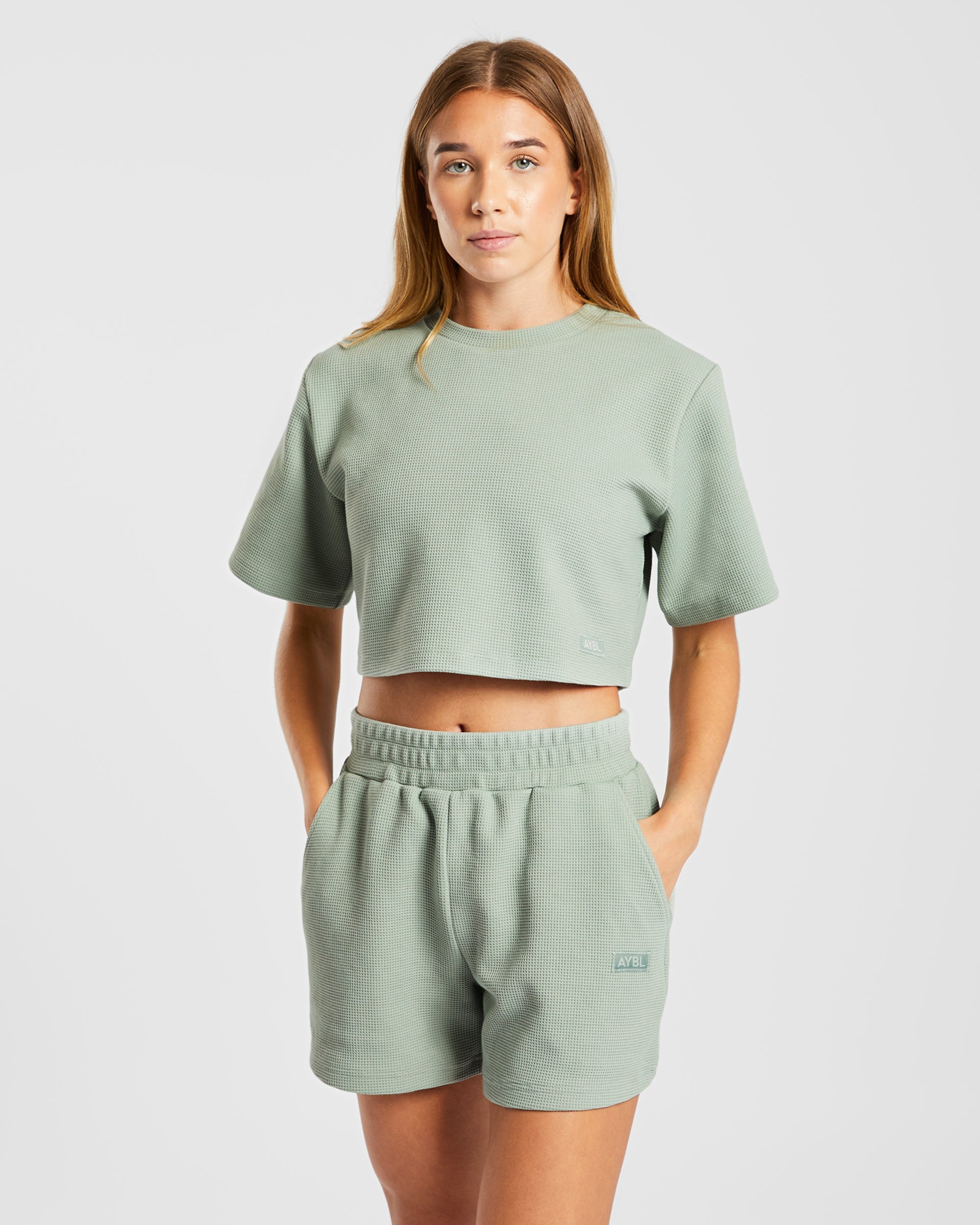 Waffle Boxy Crop Top - Sage Vert