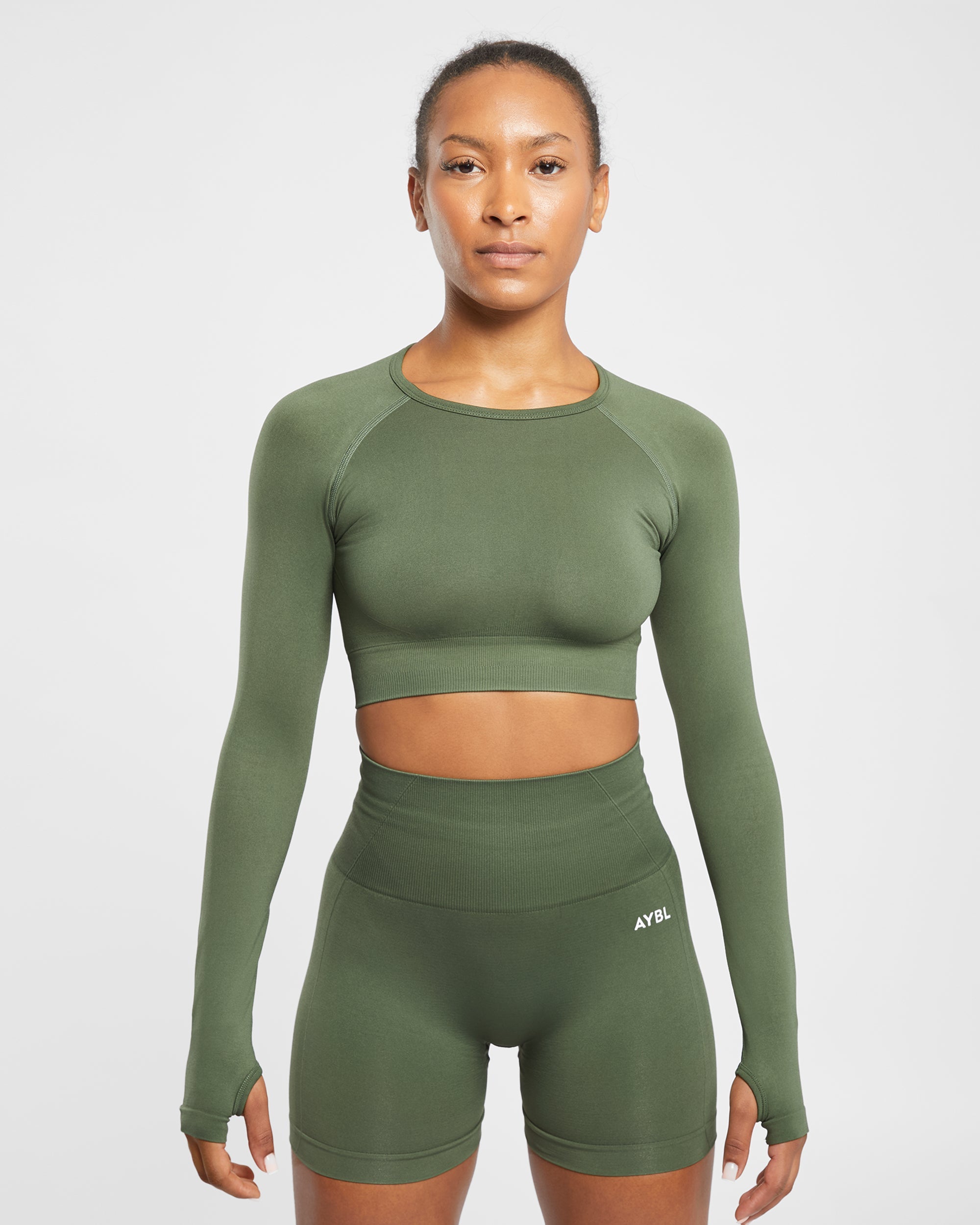 Empower Seamless Long Sleeve Crop Top - Khaki Vert