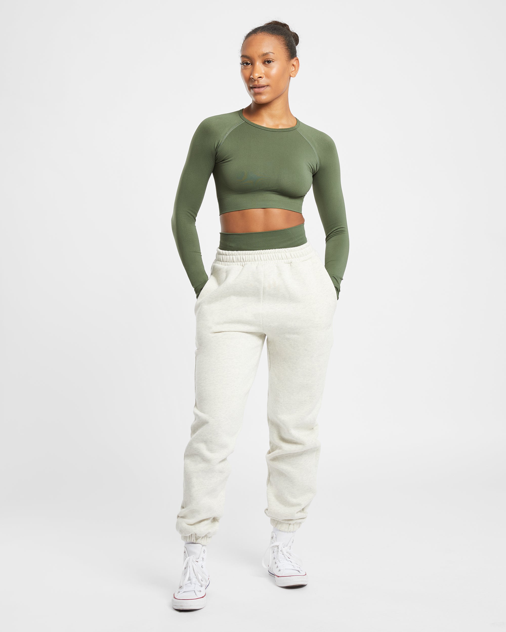 Empower Seamless Long Sleeve Crop Top - Khaki Vert